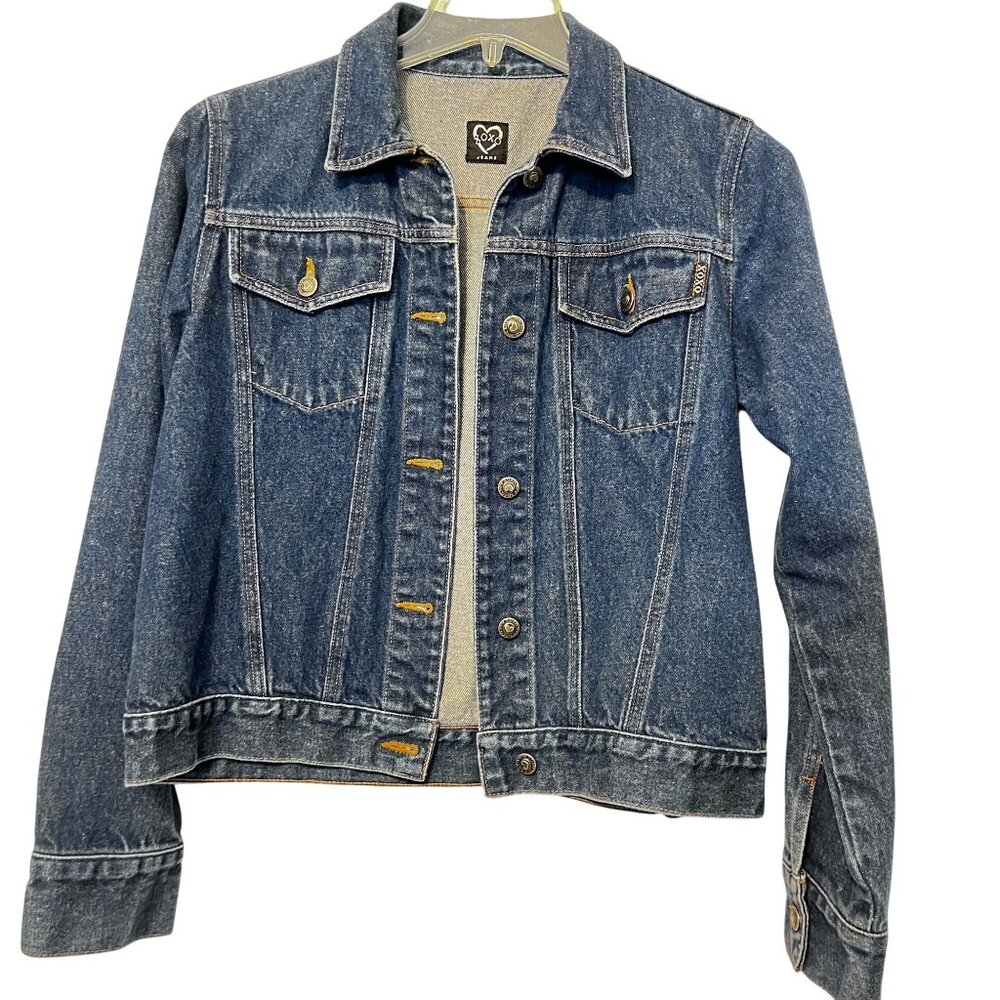 XOXO Womens Large Denim Jean Jacket Metal Buttons Front & Chest Pockets L Coat